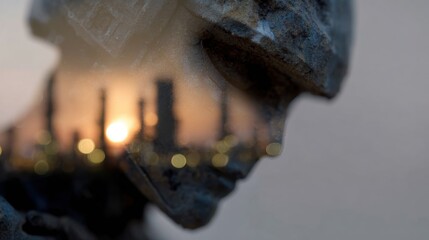 Double exposure robot with refinery skyline at sunrise, environmental concept.