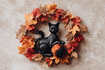A black cat figurine rests amidst a vibrant autumnal wreath of fall leaves.