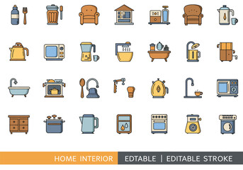 Vector art of a vibrant collection of home interior icons, showcasing essential elements like furniture, appliances, and decorative items, all rendered in a clean, modern style