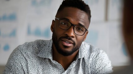 Professional man wearing glasses in a business meeting with financial charts in the background