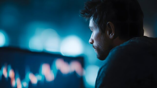 A man in profile deep in concent n examines a complex financial market graph displayed on a luminous computer monitor in a dimly lit environment