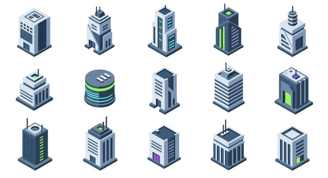 Collection of futuristic isometric skyscrapers and modern buildings.