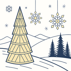 Winter landscape illustration with Christmas tree and snowflakes, mockup for design