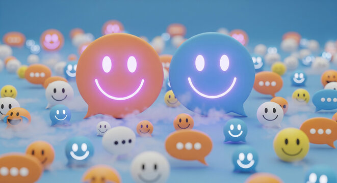 Smiling face icons in speech bubbles floating in the sky, representing positive communication and feedback