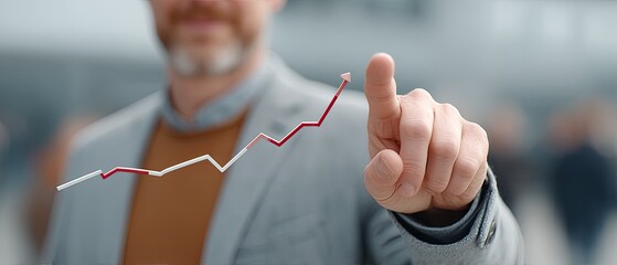 Businessman Pointing Upward At Growth Chart With Red Line And White Dots In A Casual Gray Blazer