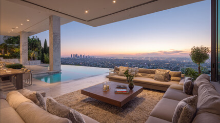 Fototapeta premium A breathtaking luxury home terrace with an infinity pool and comfortable outdoor seating area, offering an unparalleled panoramic view of a vast cityscape, at dusk.