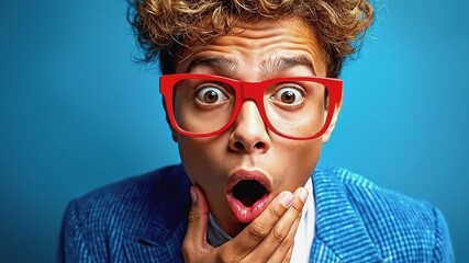 A man in a blue suit and red glasses with a surprised look on his face