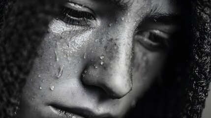 Black and white photo style of a person crying quietly