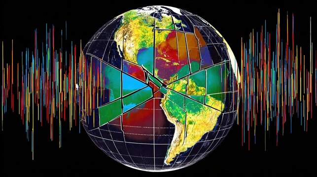 quadrants. Fractured globe with mismatched seasonal quadrants spinning chaotically amid erratic satellite data. ESG reports, sustainability campaigns, designed for environmental awareness campaigns.