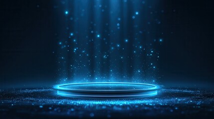 Empty blue podium floating in the air with blue neon ring on background.Magic fantasy portal. Magic circle teleport podium with hologram effect. Abstract high tech futuristic technology design