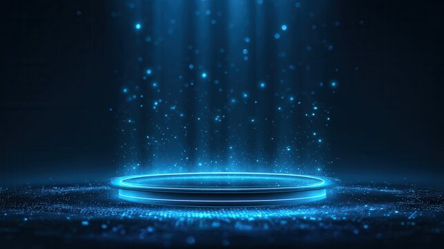 Empty blue podium floating in the air with blue neon ring on background.Magic fantasy portal. Magic circle teleport podium with hologram effect. Abstract high tech futuristic technology design