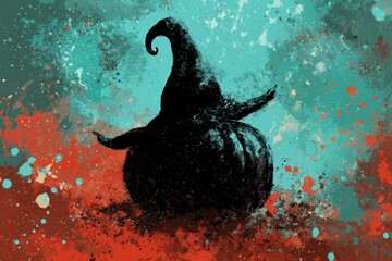 A bold, dark pumpkin silhouette dons a witch's hat against a vibrant backdrop of teal and orange splatters, evoking a mysterious and artistic autumnal scene.