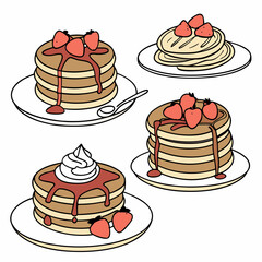 Set of four pancakes with different toppings. Pancakes on white plate. Baking with syrup or honey. Breakfast concept. Flat vector illustration isolated on white background