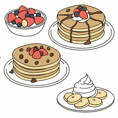 Set of four pancakes with different toppings. Pancakes on white plate. Baking with syrup or honey. Breakfast concept. Flat vector illustration isolated on white background