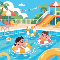 Obraz premium Children playing in a swimming pool with inflatable rings during summer