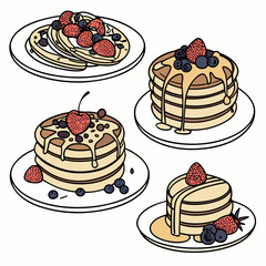 Set of four pancakes with different toppings. Pancakes on white plate. Baking with syrup or honey. Breakfast concept. Flat vector illustration isolated on white background