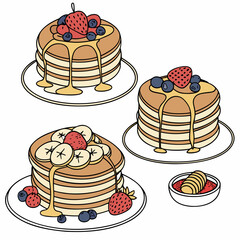 Set of four pancakes with different toppings. Pancakes on white plate. Baking with syrup or honey. Breakfast concept. Flat vector illustration isolated on white background