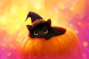 A charming black kitten, wearing a witch's hat, rests comfortably nestled within an orange pumpkin, creating a whimsical Halloween scene.