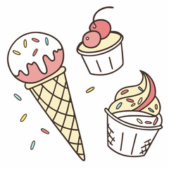 set of doodle with different ice cream types: ice cream waffle cone, cup ice cream