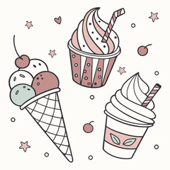 set of doodle with different ice cream types: ice cream waffle cone, cup ice cream