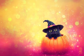 A small, black kitten, wearing a witch's hat, sits inside an orange pumpkin against a vibrant background of warm colors.