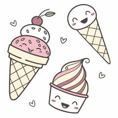 set of doodle with different ice cream types: ice cream waffle cone, cup ice cream