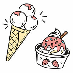 set of doodle with different ice cream types: ice cream waffle cone, cup ice cream