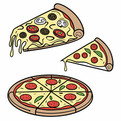 Whole and chopped pizza icon. Vector collection on white background.