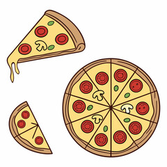 Whole and chopped pizza icon. Vector collection on white background.