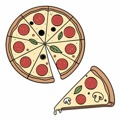Whole and chopped pizza icon. Vector collection on white background.