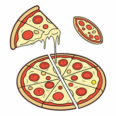 Whole and chopped pizza icon. Vector collection on white background.