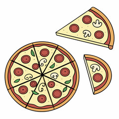 Whole and chopped pizza icon. Vector collection on white background.