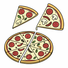 Whole and chopped pizza icon. Vector collection on white background.