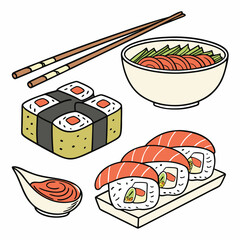 Cartoon asian cuisine rolls, sushi, sashimi dishes. Japanese oriental cuisine, seaweed, rice, fish and meat meals vector illustration set. Traditional sushi dishes