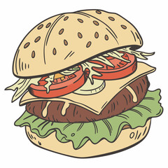 Cartoon Burger With Lettuce, Tomato, And Cheese. Vector Hand Drawn Illustration Isolated On Transparent Background