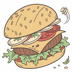 Cartoon Burger With Lettuce, Tomato, And Cheese. Vector Hand Drawn Illustration Isolated On Transparent Background