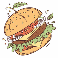 Cartoon Burger With Lettuce, Tomato, And Cheese. Vector Hand Drawn Illustration Isolated On Transparent Background