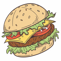 Cartoon Burger With Lettuce, Tomato, And Cheese. Vector Hand Drawn Illustration Isolated On Transparent Background