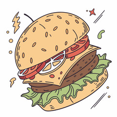 Cartoon Burger With Lettuce, Tomato, And Cheese. Vector Hand Drawn Illustration Isolated On Transparent Background