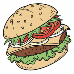 Cartoon Burger With Lettuce, Tomato, And Cheese. Vector Hand Drawn Illustration Isolated On Transparent Background