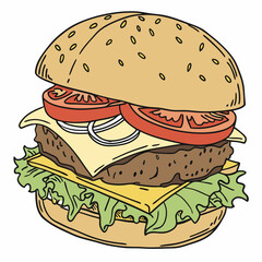 Cartoon Burger With Lettuce, Tomato, And Cheese. Vector Hand Drawn Illustration Isolated On Transparent Background