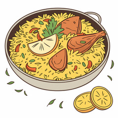 hot and spicy chicken biryani with roasted pieces and lemon illustration on isolated white background
