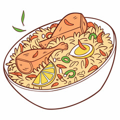 hot and spicy chicken biryani with roasted pieces and lemon illustration on isolated white background