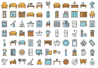Vector art of a vibrant collection of home interior icons, showcasing essential elements like furniture, appliances, and decorative items, all rendered in a clean, modern style