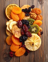 Assorted dried fruit and nuts on wood