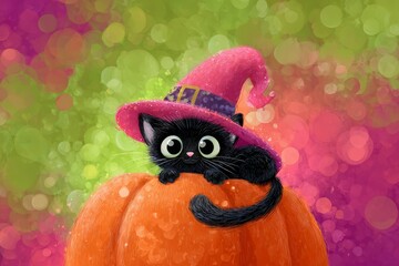 A charming black kitten wearing a pink witch's hat sits atop a vibrant orange pumpkin, against a backdrop of soft, colorful bokeh.
