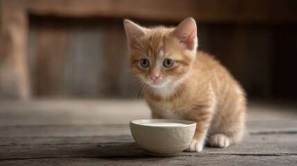 Adorable orange tabby kitten curiously gazing at a small bowl of milk on rustic wooden surface in a cozy indoor environment