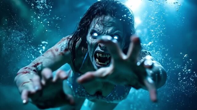 A woman in a bikini swimming in the water with her mouth open