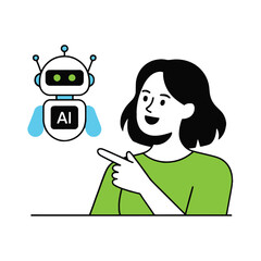 Fototapeta premium Vector art of a cheerful woman points to a friendly ai robot, showcasing the integration of artificial intelligence in daily life