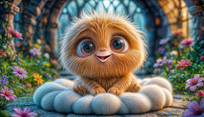 Fototapeta premium A cute, fluffy creature with big eyes sits happily on a soft, furry blanket in a vibrant garden. Colorful flowers surround it, creating a cheerful atmosphere.